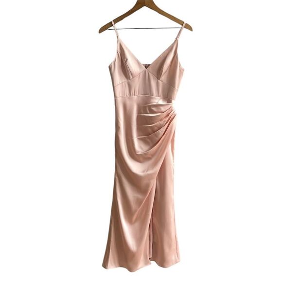 AZAZIE SHANIA NWT Rose Gold Sheath V-Neck Pleated Stretch Satin Dress Size C - Picture 6 of 16